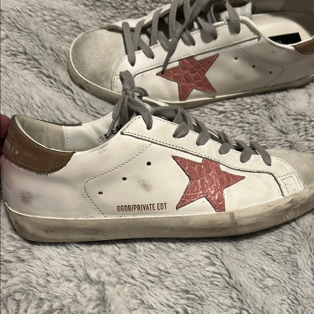 Golden Goose Super Star White and Pink Star Sneakers